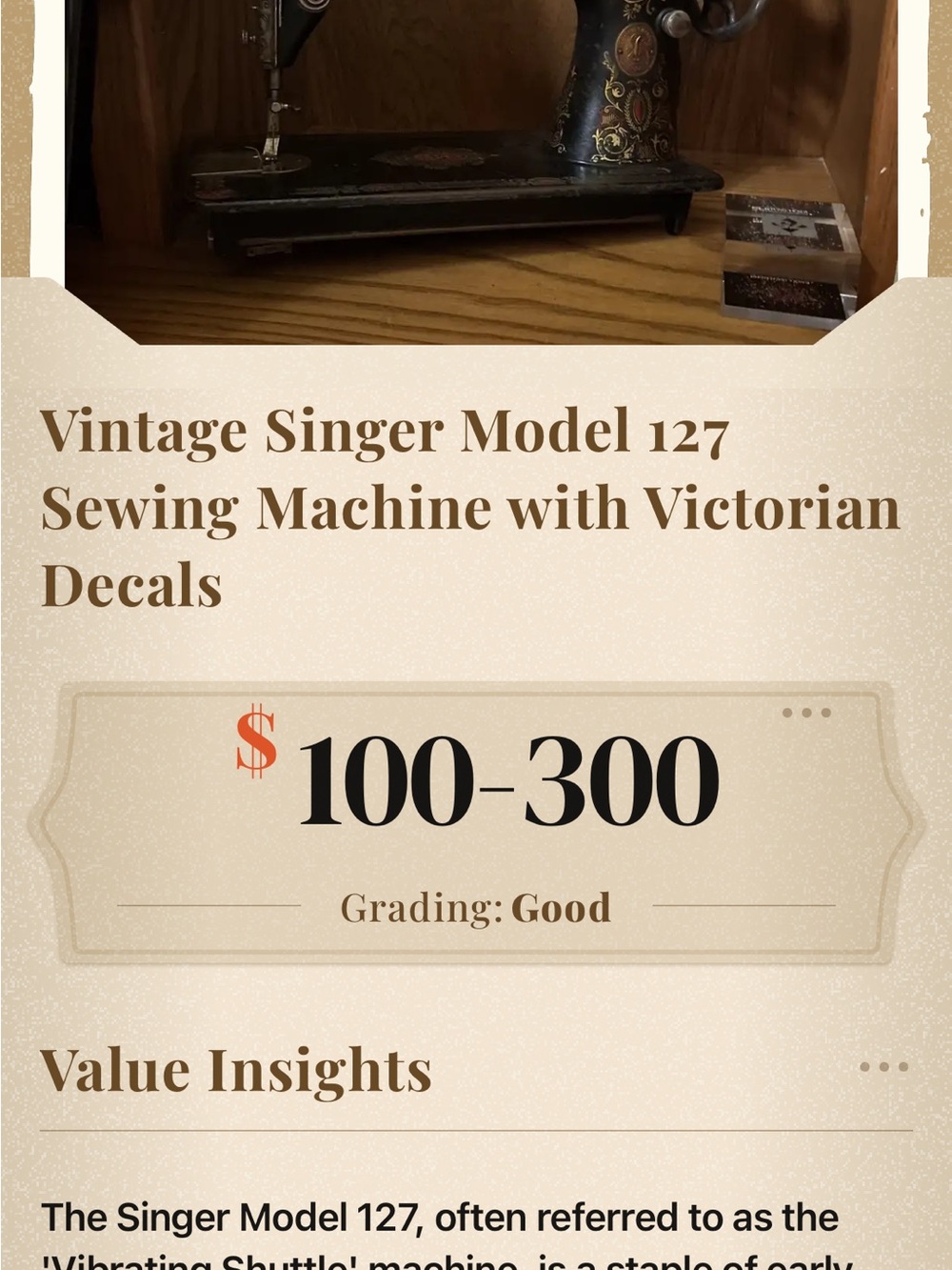 Singer Vintage Model 127 Sewing Machine with Victorian Decals - Black
